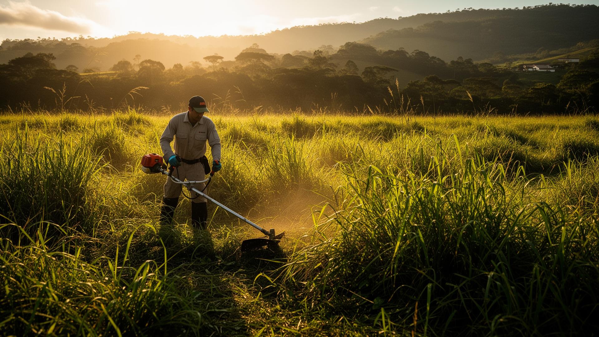 Profissional realizando roçagem em terreno