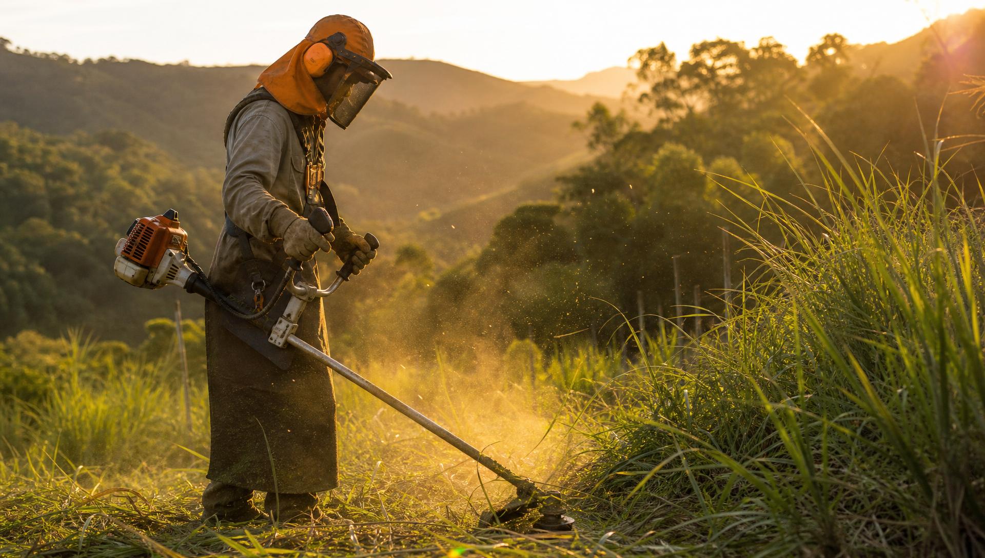 Operador de roçadeira em ação ao entardecer